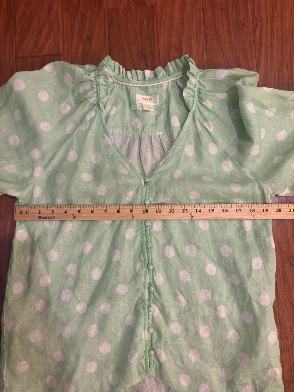 Maeve Anthropologie Audie Linen Puff Sleeve Blouse Lime Green White Dot Medium